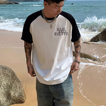 欧美式重磅撞色插肩短袖T恤男款夏季潮牌纯棉拼接半袖男士上衣服