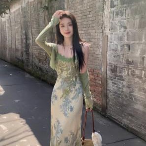 复古新中式吊带初春连衣裙女高级感开衫裙子套装两件套气质长裙夏